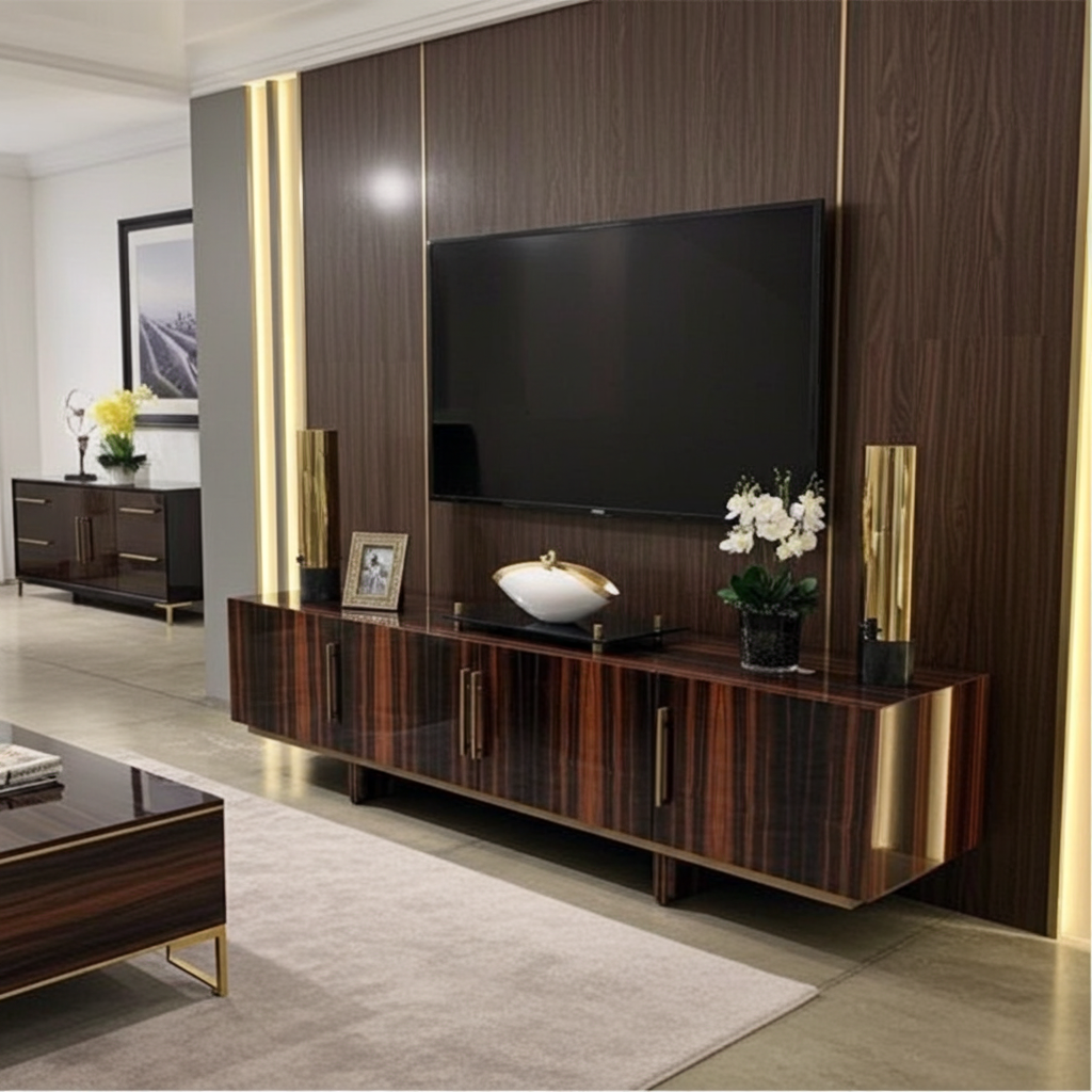 Luxury wood TV stand with gold steel accents