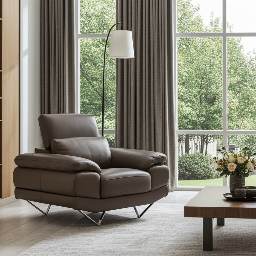 Brown leather sofa armchair with adjustable headrests and chrome feet