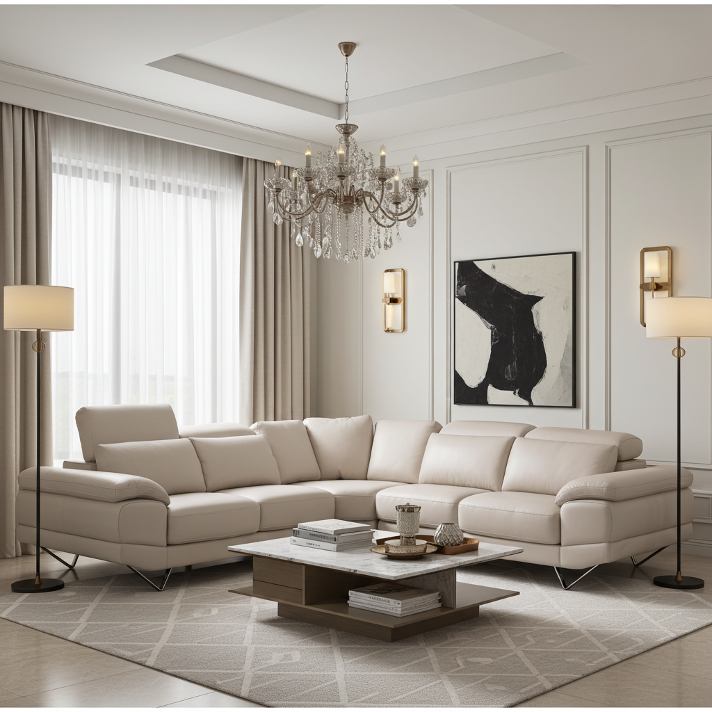 Large leather corner couch in cream leather, adjustable headrests and chrome feet.