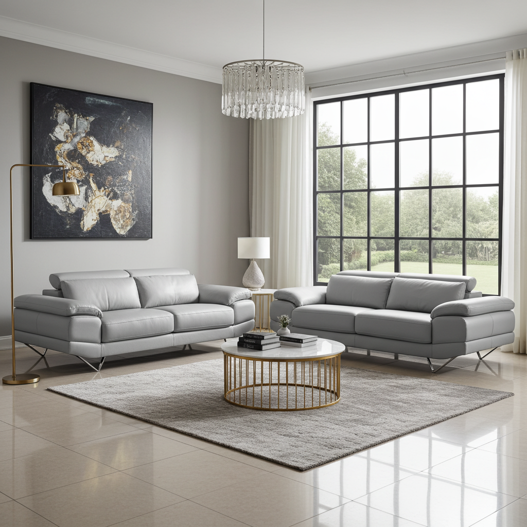 grey leather sofa set 2+3 seaters with adjustable headrests