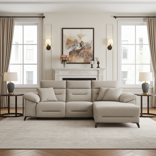 Fabric L-shape couch with storage arms, black steel legs.