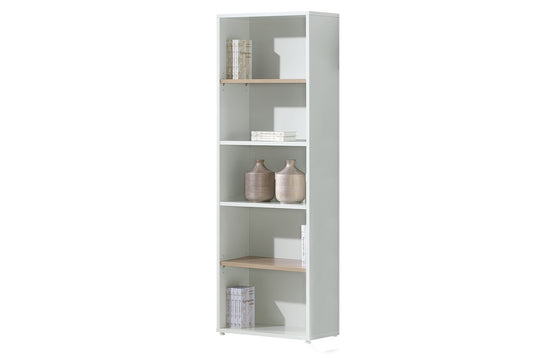 Standing shelf in white wood and light Oak wood fin ish. Floor standing shelf. White Book shelf or display shelf.