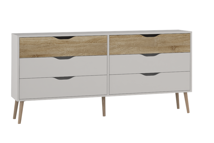 White wood with oak detail on 6 drawer chest of drawers.