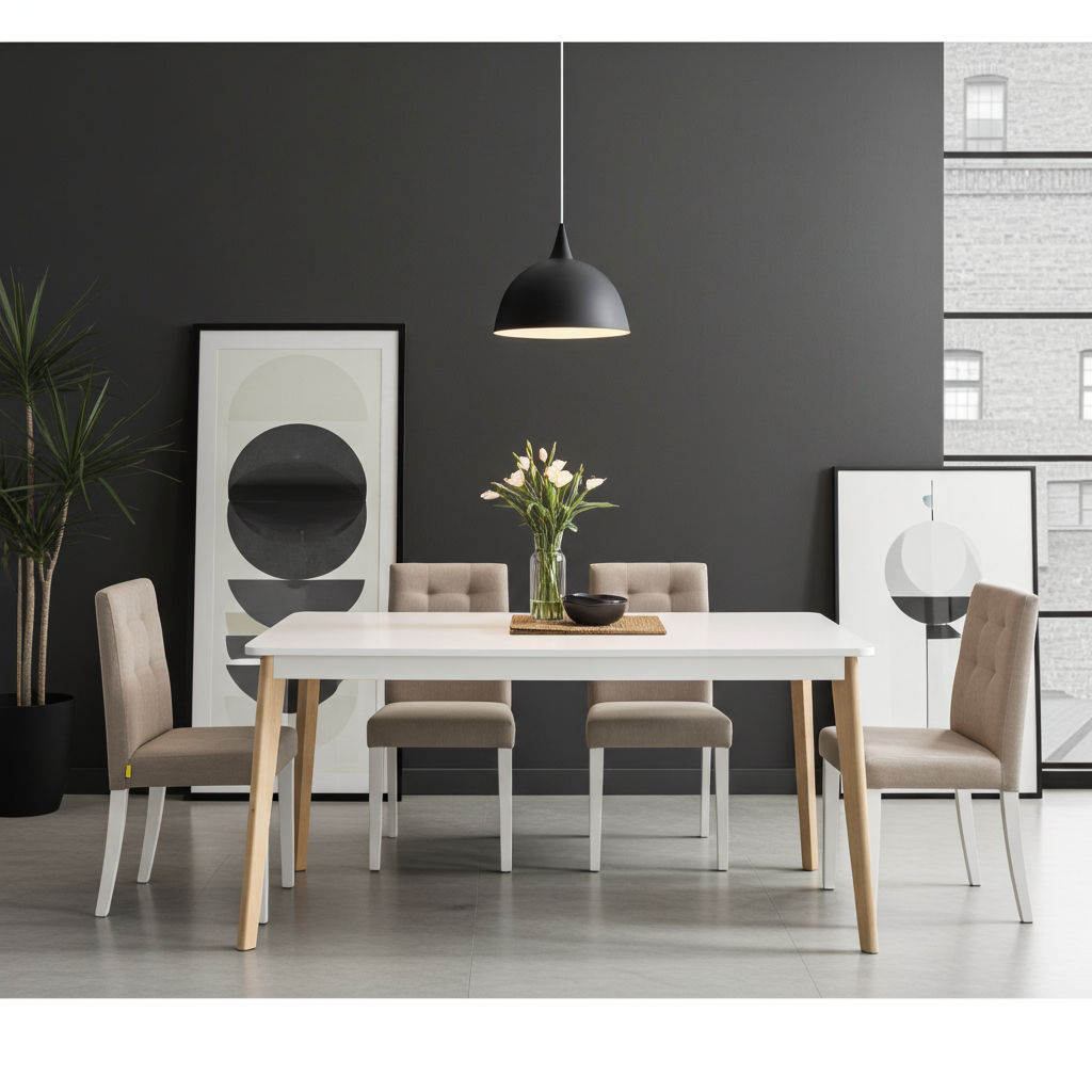 Dining room set: faro white and oak wood dining table with 6 beige fabric chairs.
