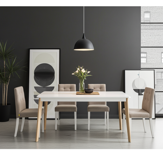 Dining room set: faro white and oak wood dining table with 6 beige fabric chairs.