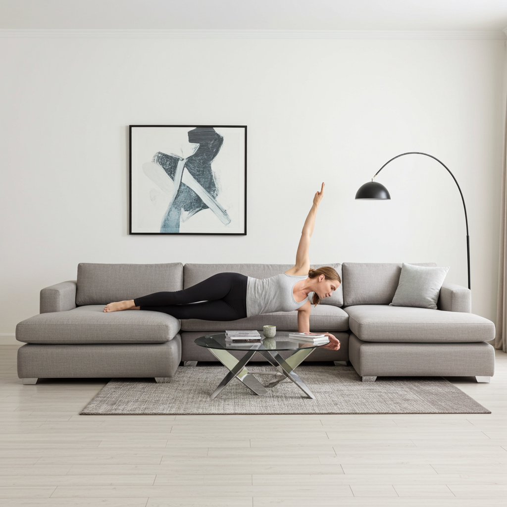 U-shape fabric couch with chrome feet.