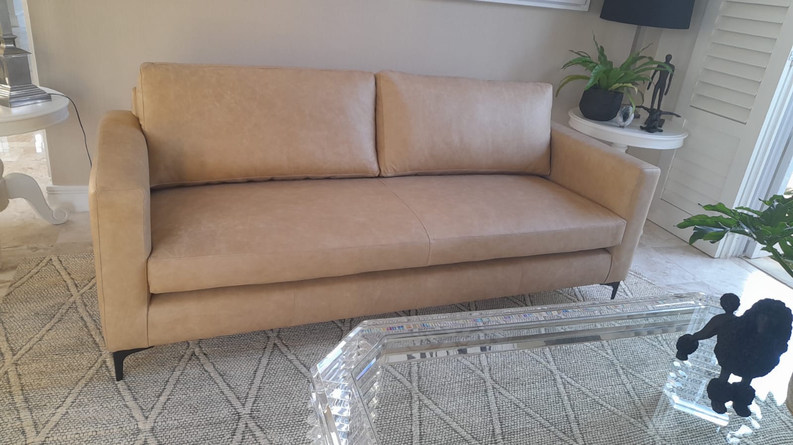 Tan leather couch in italian leather. Custom made sofa