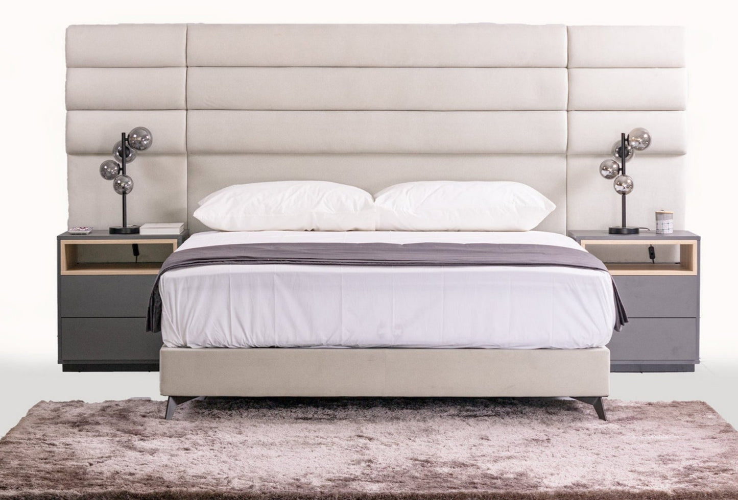 The Jones headboard and base Bed set, in luxury pearl fabric, get the bed only or the whole bedroom set.