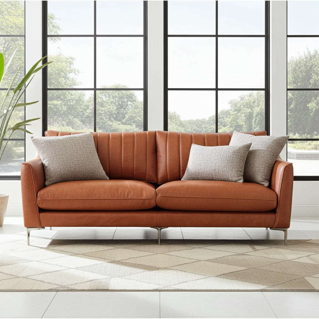 3 seater leather couch with stitching details