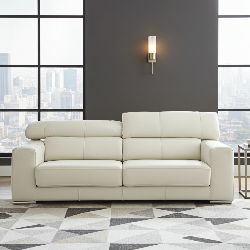 2 Seater leather sofa with adjustable headrests and chrome feet
