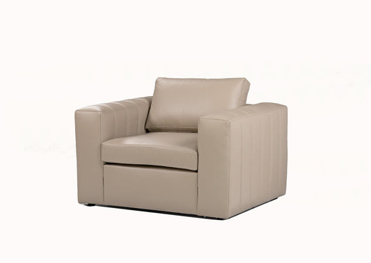 Luxe leather sofa armchair with back cushioning and stitching details along the arms.