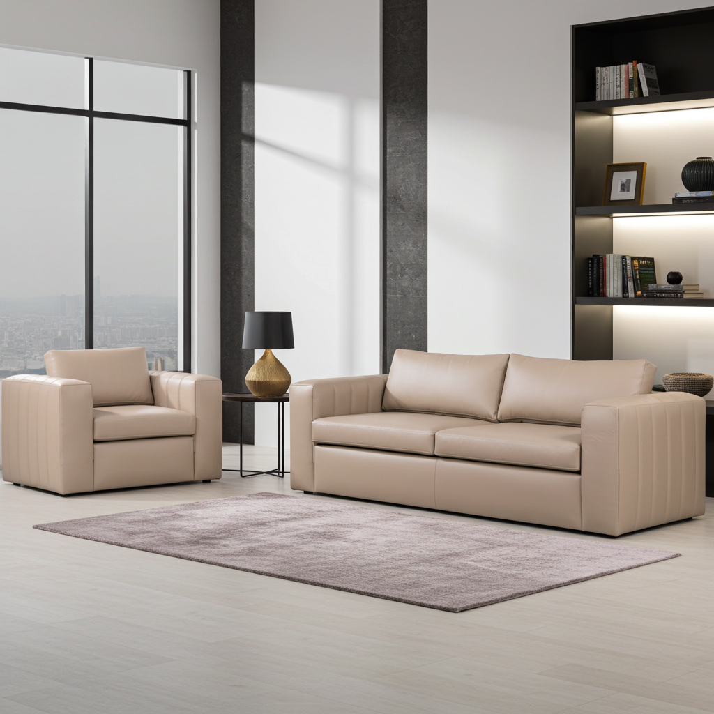 Sofa set 3+2 seater couches in italian leather with stitching detail.