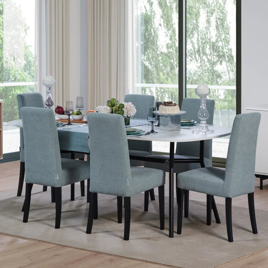 oval top dining table with black steel legs.