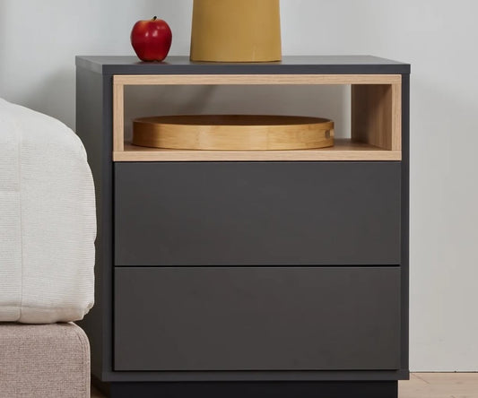 Bedside tables in charcoal and light oak wood.