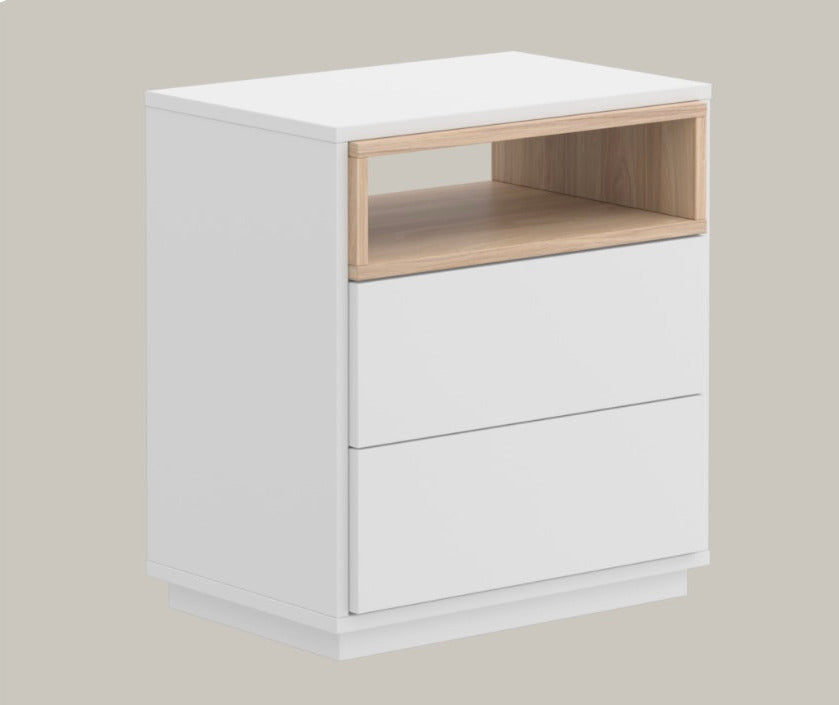 white and oak wood bedside table with two drawers.