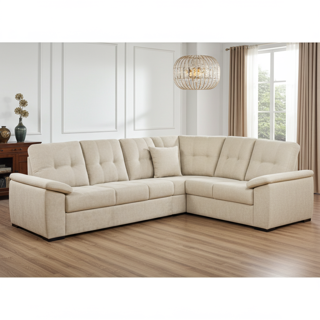 Fabric corner couch, with button detail. Comfy and plump seating.