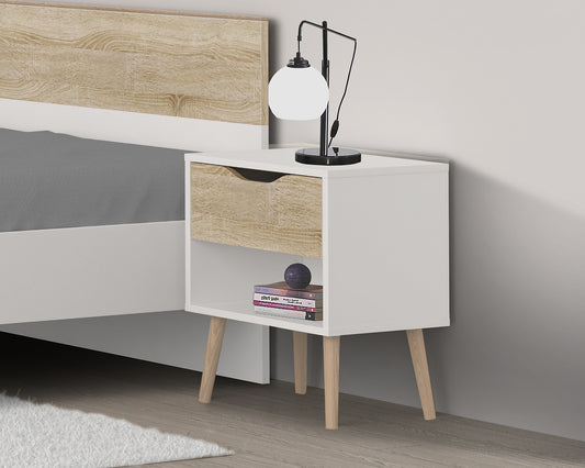 Bedside table. Pedestal in white and oak wood.
