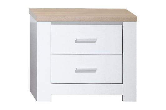 white and light oak wood bedside table with 2 drawers