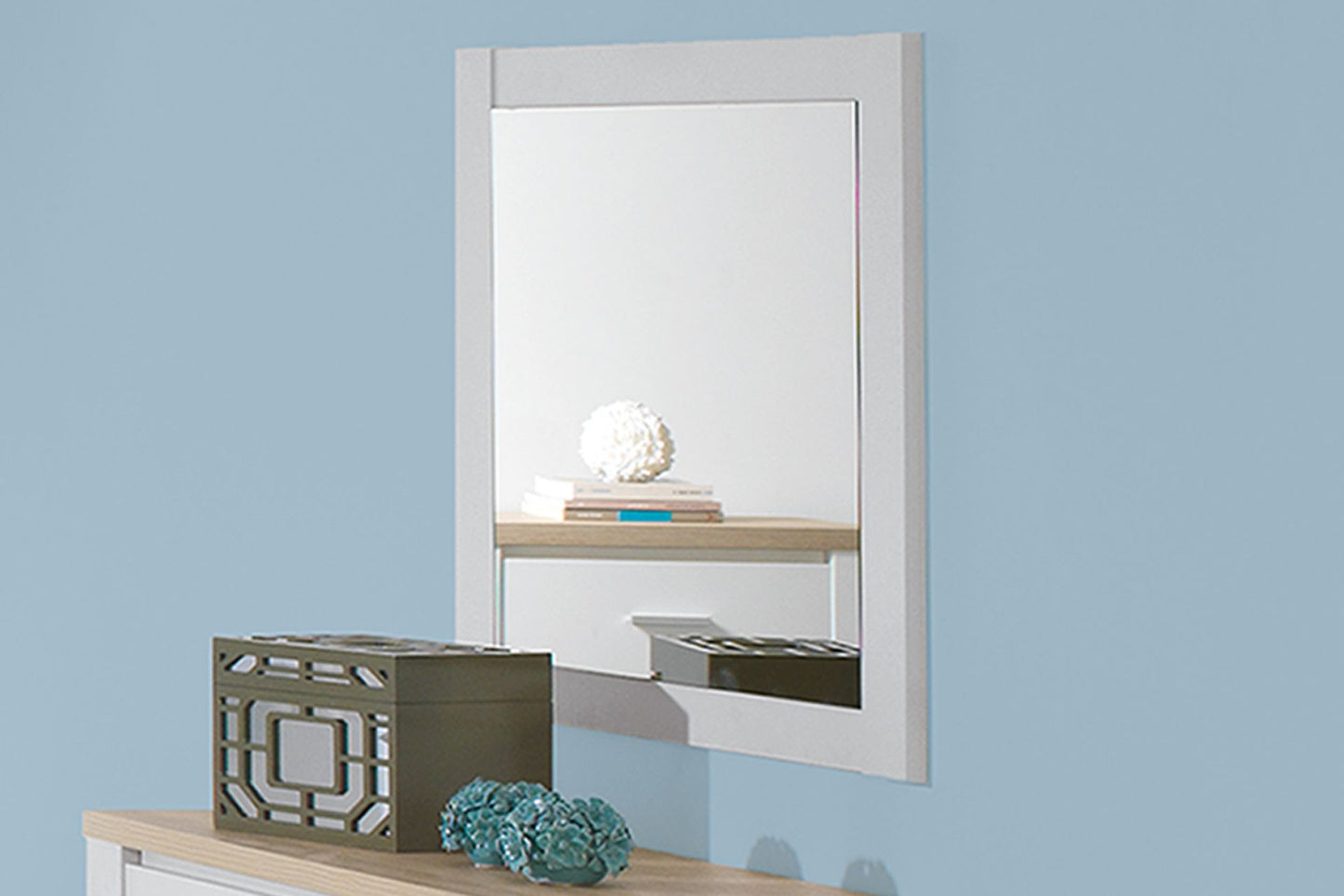 bedroom mirror with white wooden fame.