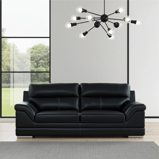 2+3 seater couch set in black leather and with stitching detail.