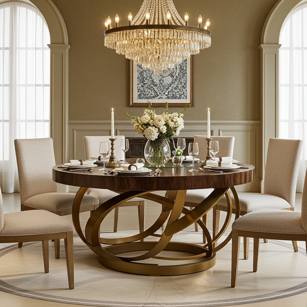 Luxury dining table in wood and gold twirly legs