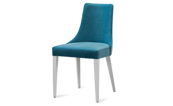 dining chair upholstered in grey ash fabric with black legs and detailing.