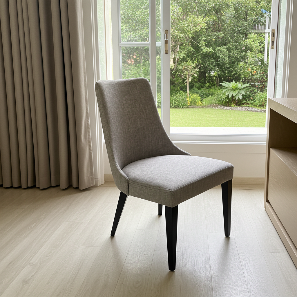 Grey fabric dining chair made in europe.