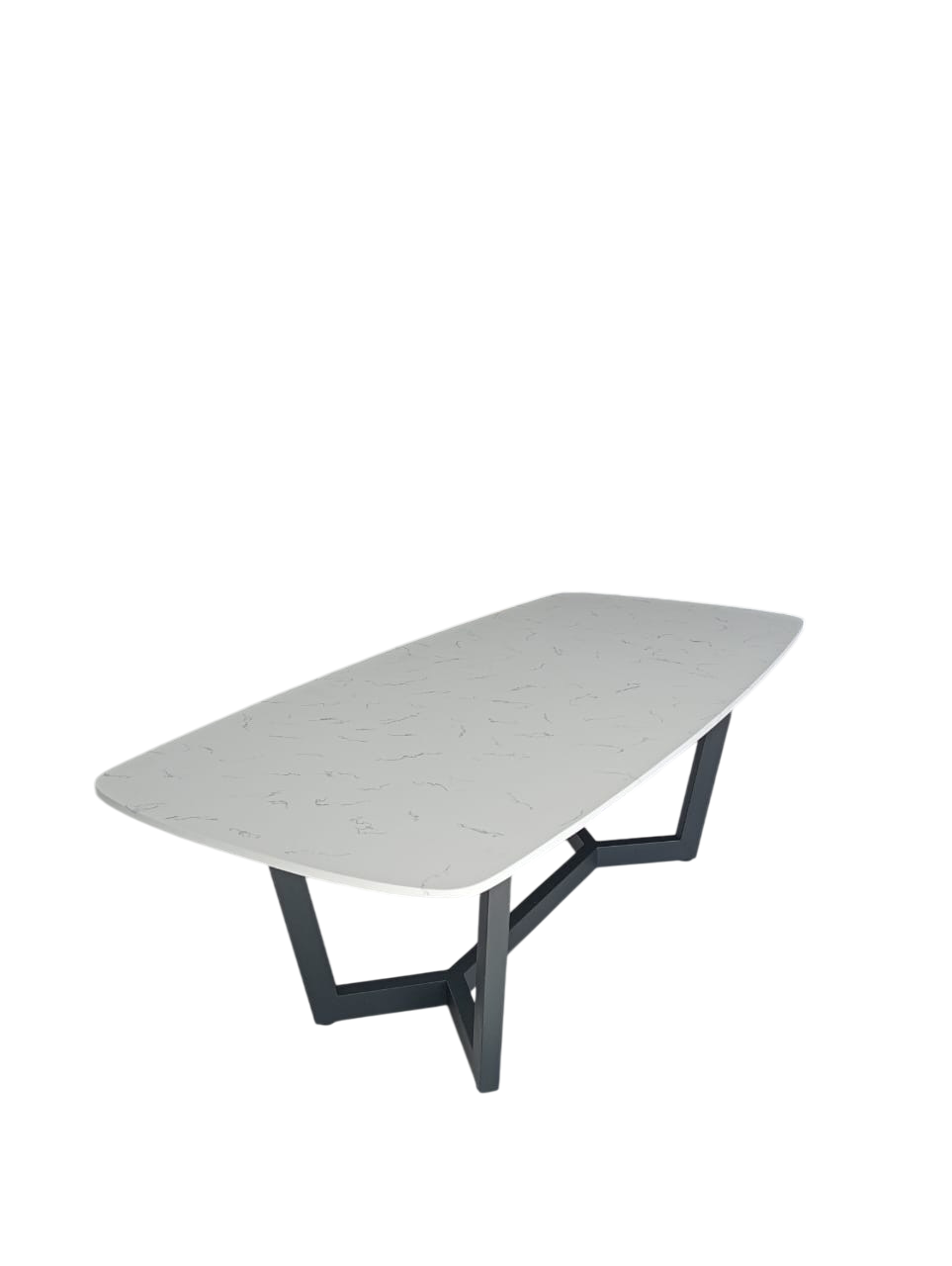 Naxos dining table with stone top and black steel legs.