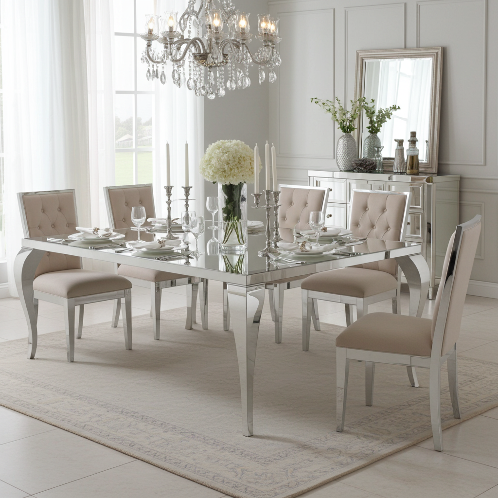 Luxury dining table with vintage curved legs and tempered glass cover