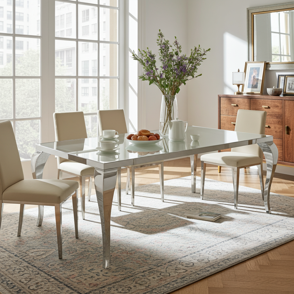 Luxury dining table handcrafted in Europe, vintage legs and glass covering the gloss wood structure.