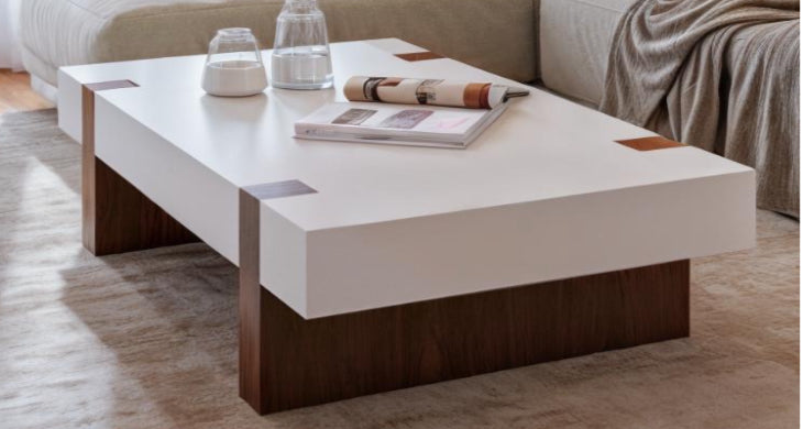 rectangular coffee table in white and walnut wood