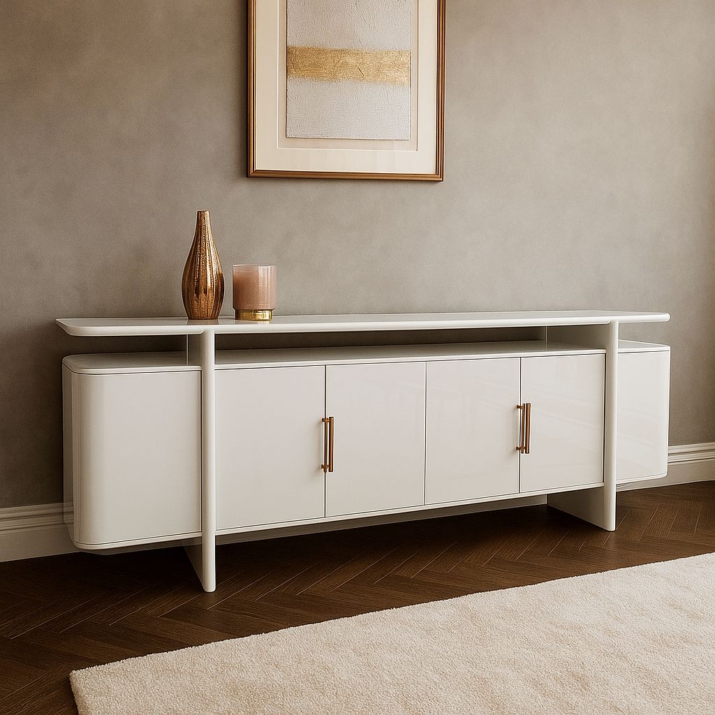 white lacquer sideboard with gold handles. this large and luxury sideboard is perfect for the modern home.