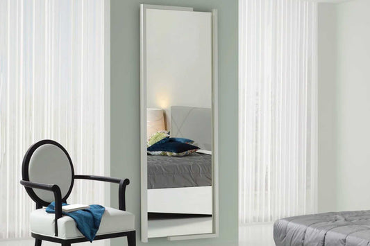 Large wood framed mirror with white wood frame. Can be hung horizontally or vertically