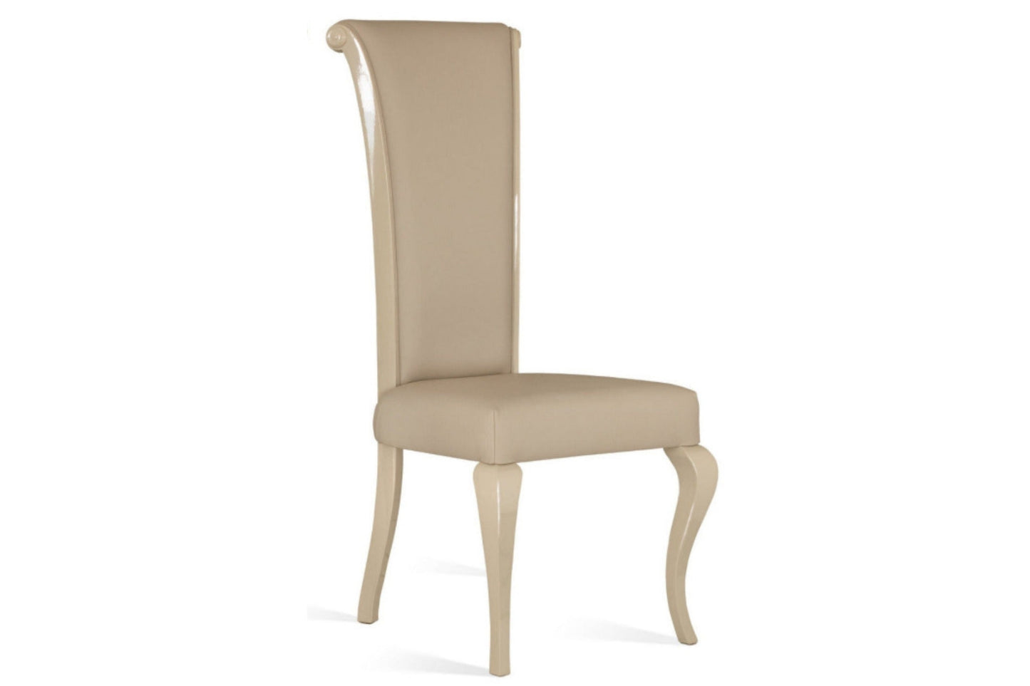 High-back dining chair in beige leather with gloss beige curved legs