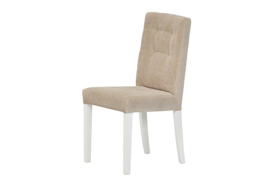 upholstered dining chair in a beige luxury fabric and white wood legs