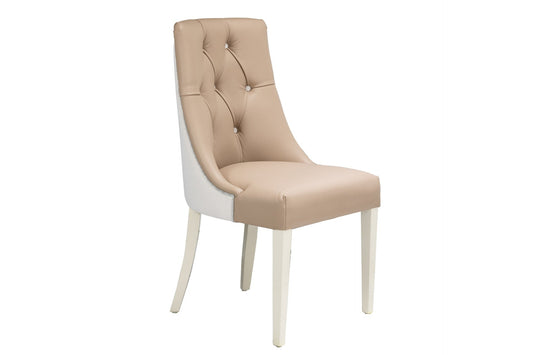 Caramel colour leather dining chair with deep buttons and fabric back