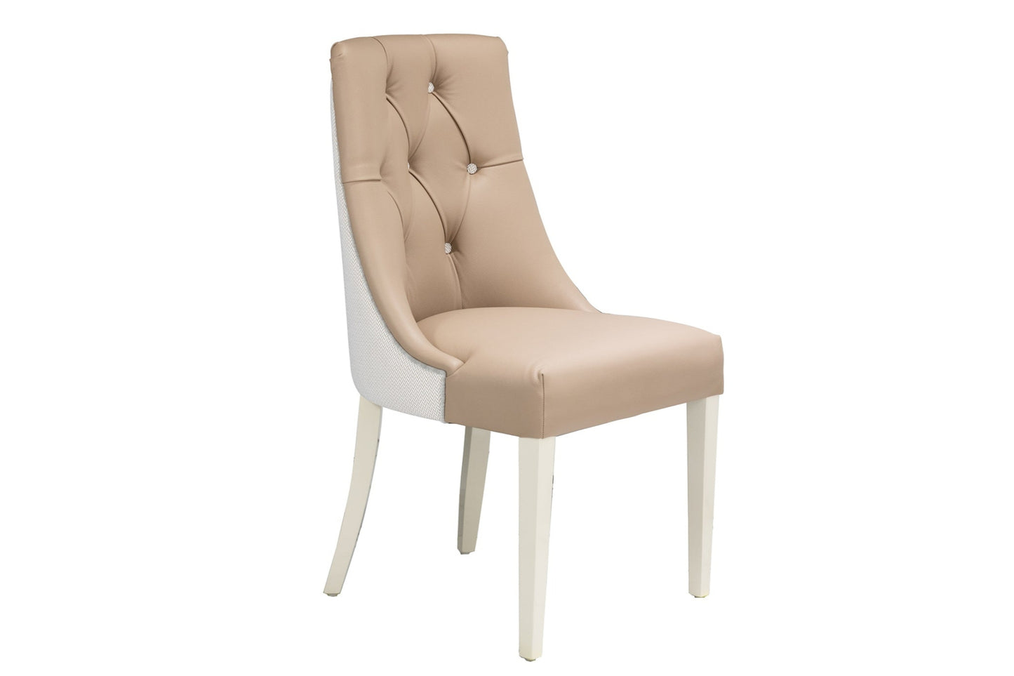 Caramel colour leather dining chair with deep buttons and fabric back