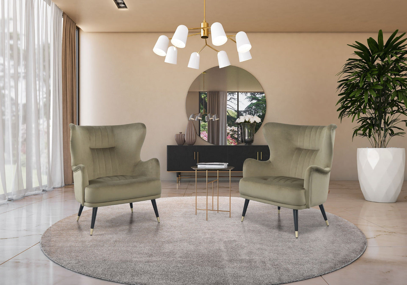 Upholstered velvet armchairs with black wood legs.