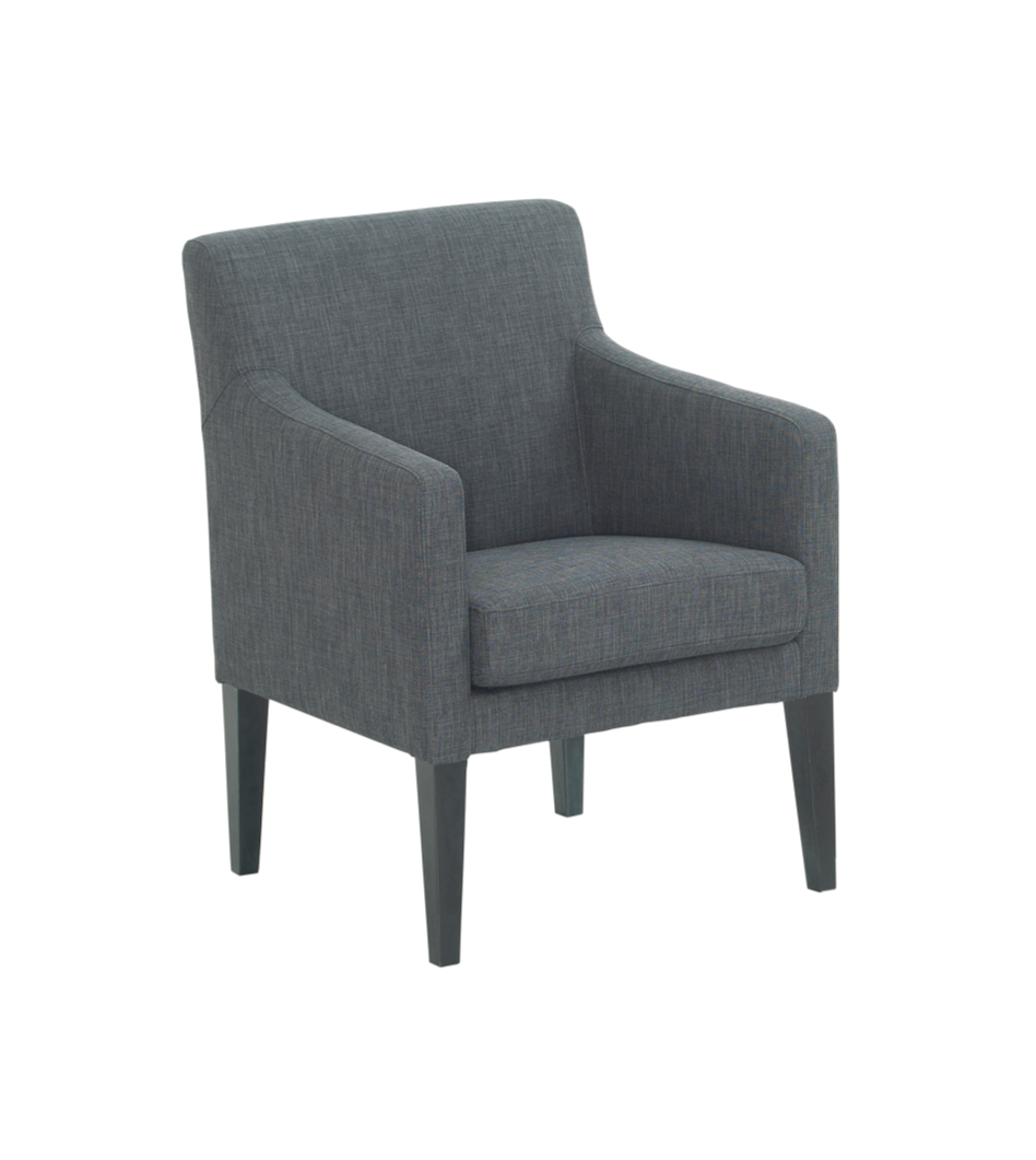 grey fabric armchair with dark wood legs