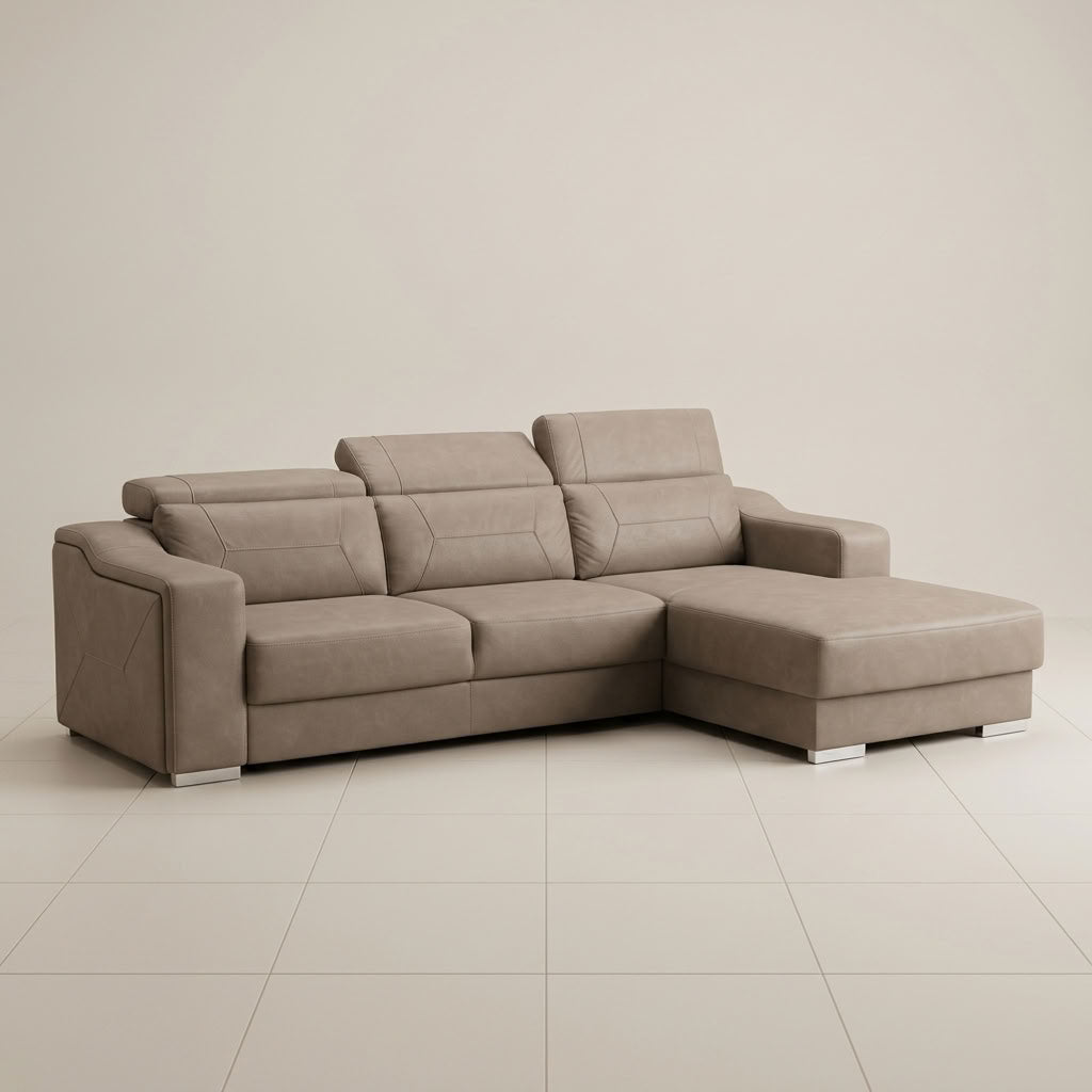 Luxury brown fabric sofa + adjustable headrests + storage trunk under daybed. GALERIA FURNITURE SA