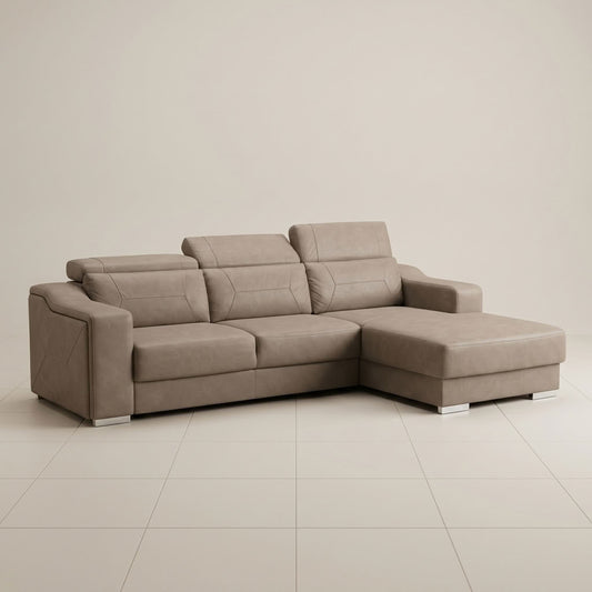 Luxury brown fabric sofa + adjustable headrests + storage trunk under daybed. GALERIA FURNITURE SA