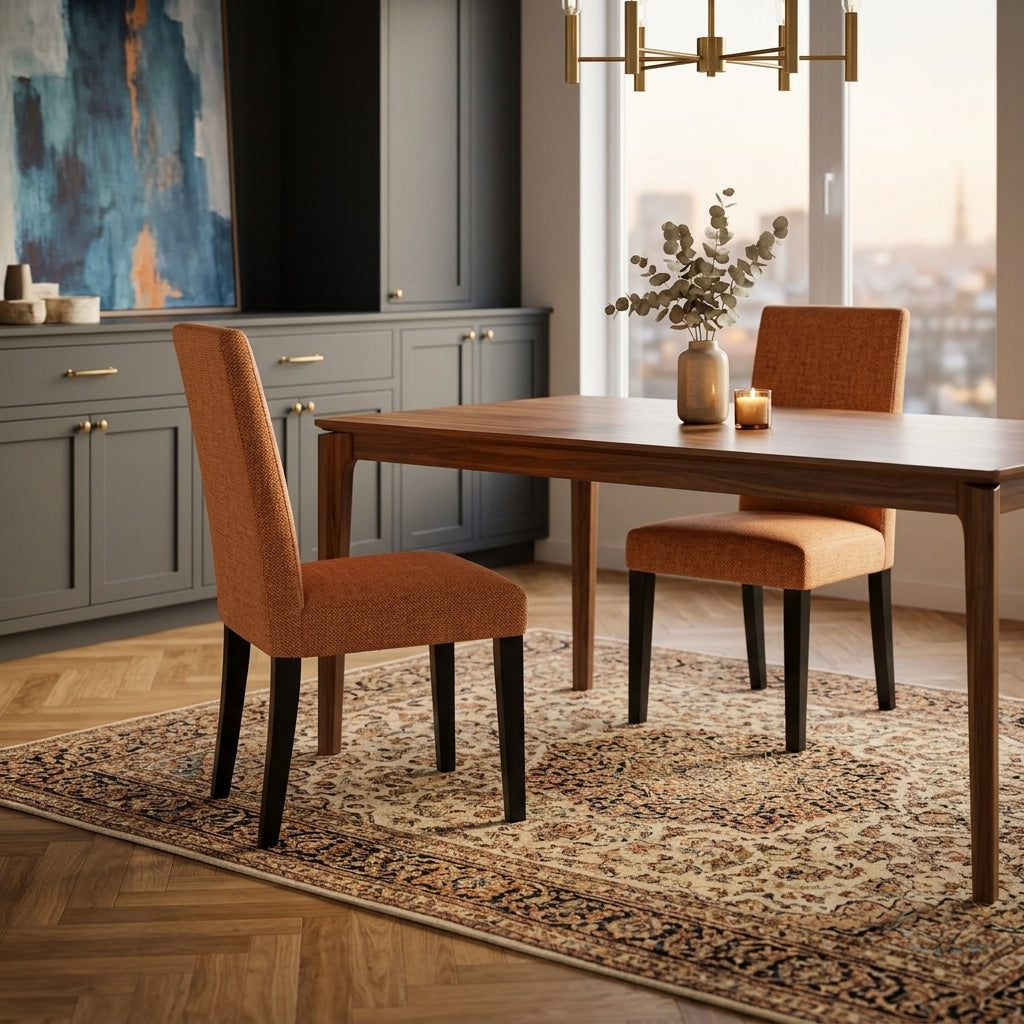 Two Paris Dining Chairs in Guilty Rust around a wooden dining table - buy luxury rust dining chairs at Galeria
