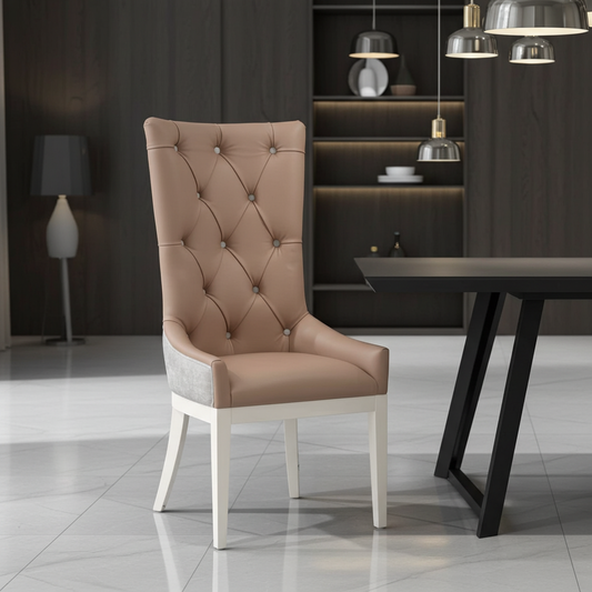 Deep Botton leather dining chair with high back and fabric behind. Beige leather dining chair with grey fabric back.