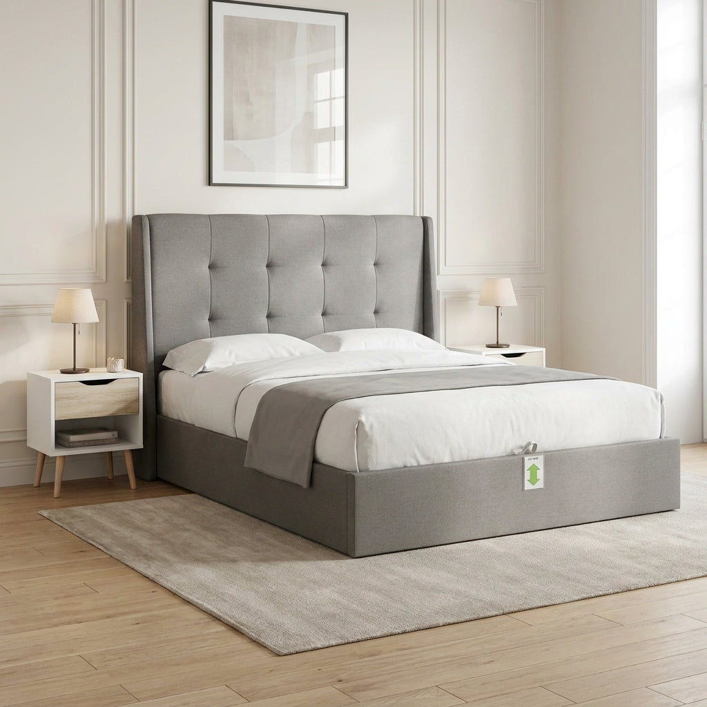 Storage bed in queen Xl with matching bedside drawers and mattress included. Galeria Furniture South Africa.