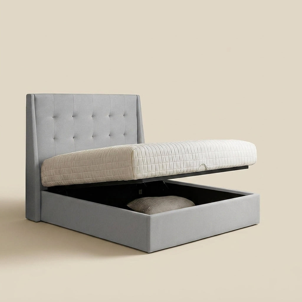 Light grey fabric headboard and base bed set. Storage bed Queen XL with matching pedestals and mattress