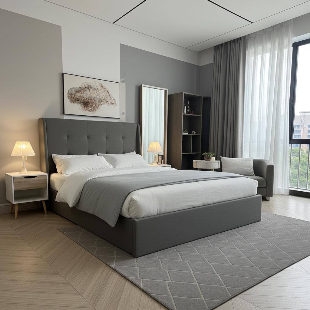 Alison headboard and base bed set with mattress and two faro pedestals