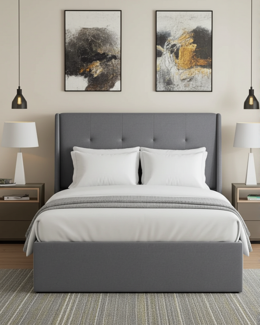 Sleigh bed with storage trunk and two matching malmo bedside drawers