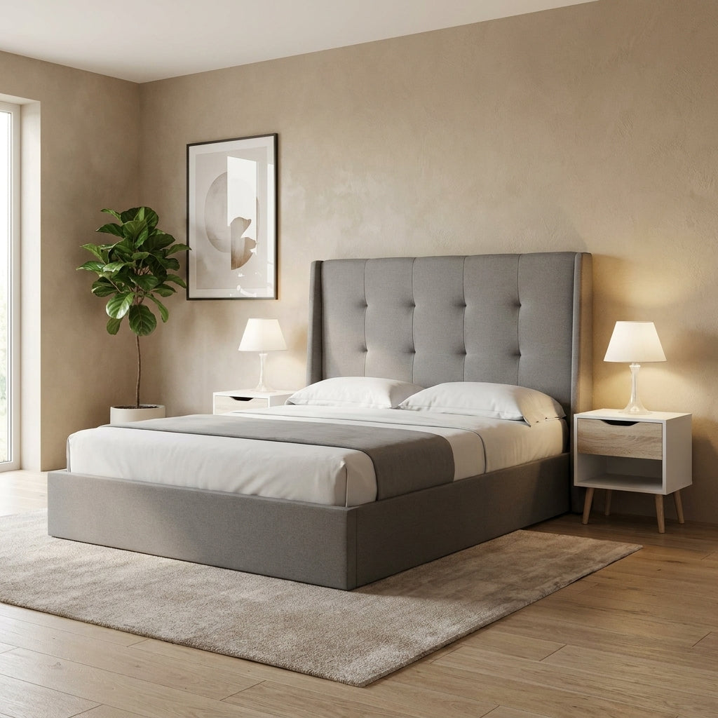 Bedroom set on sale: Bed and pedestals. modern upholstered bed with storage trunk grey fabric designer bed nelspruit. Galeria Furniture. 
