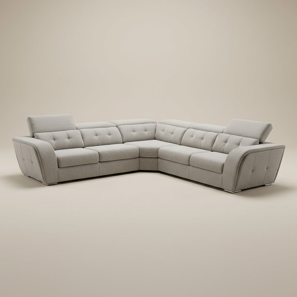 Light grey fabric corner couch , 6 seater couch with adjustable headrests.