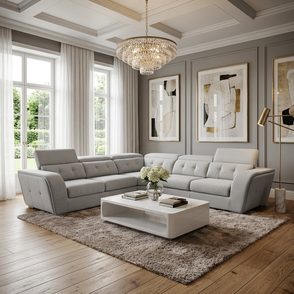Light grey fabric corner couch adjustable headrests